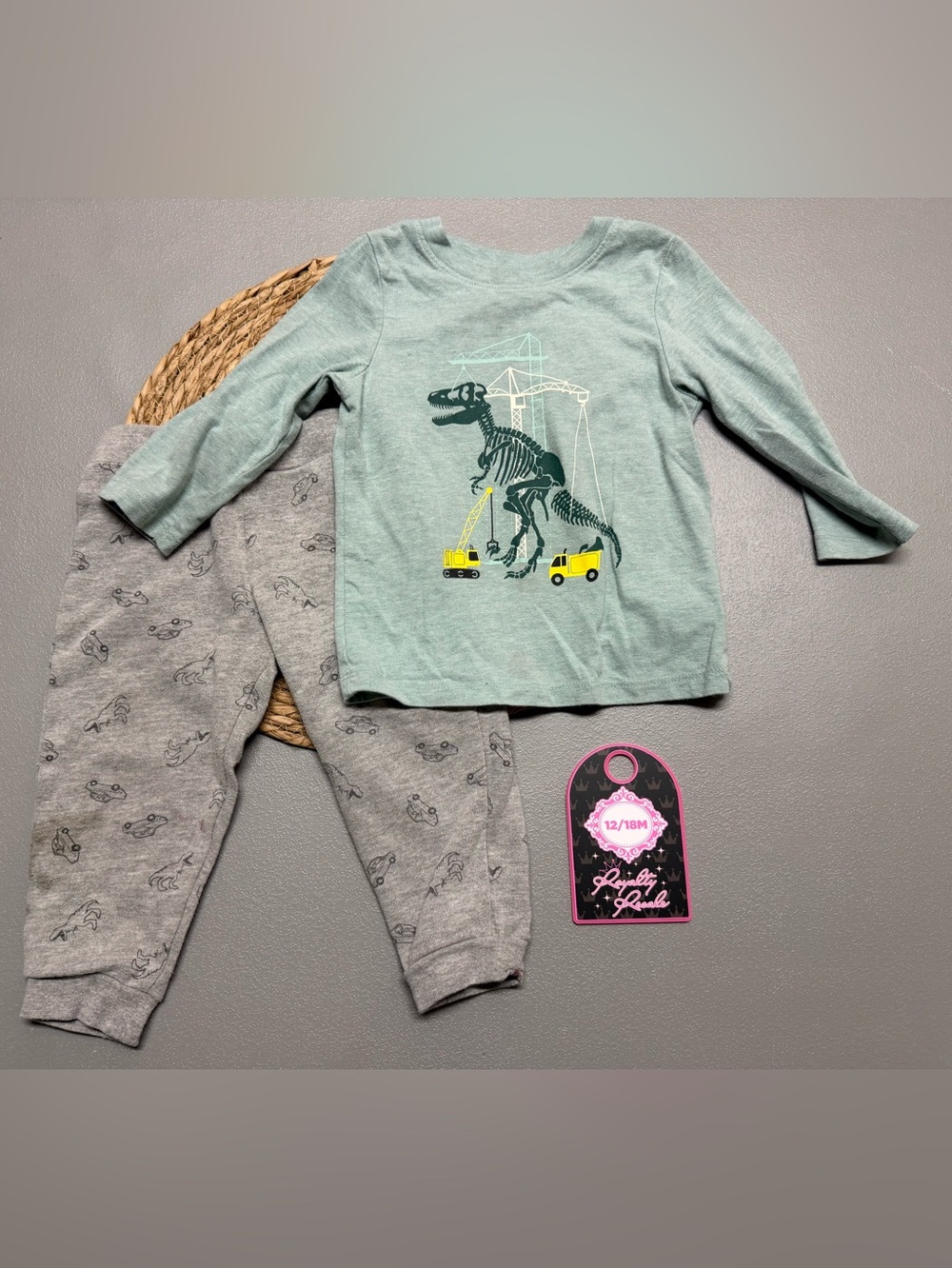 Cat & Jack Green and Gray Dinosaur Construction Pajama Set